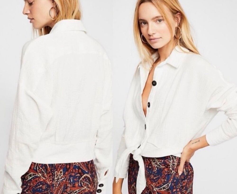 Free People Sunstreaks Tie-Front Shirt White Gauze Button Down Boho Cropped LRG